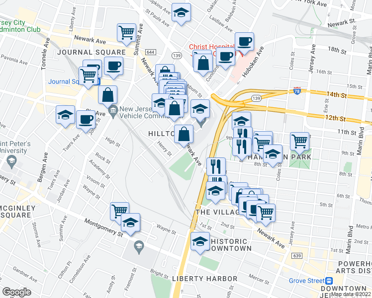 map of restaurants, bars, coffee shops, grocery stores, and more near 108 Waldo Avenue in Jersey City