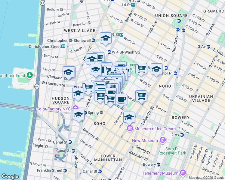 map of restaurants, bars, coffee shops, grocery stores, and more near 189 Thompson Street in New York