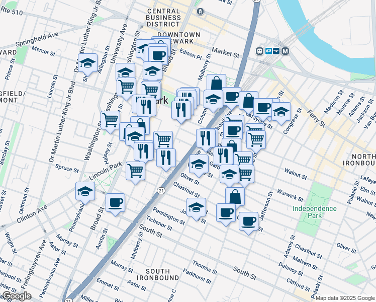 map of restaurants, bars, coffee shops, grocery stores, and more near 597 McCarter Highway in Newark