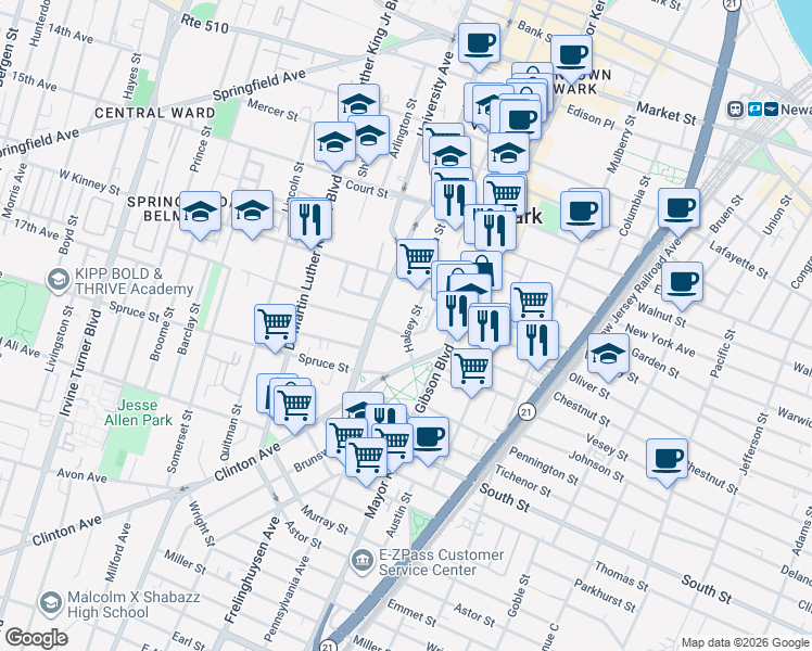 map of restaurants, bars, coffee shops, grocery stores, and more near 420-424 Halsey Street in Newark