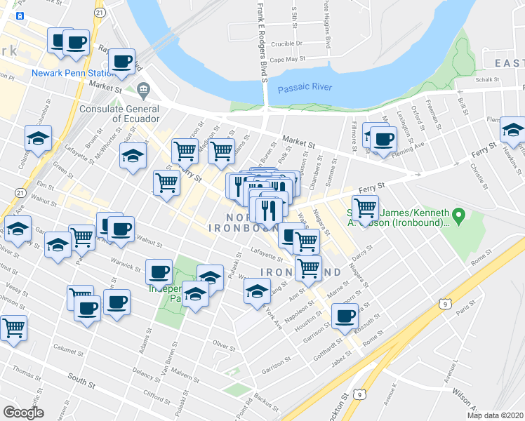 map of restaurants, bars, coffee shops, grocery stores, and more near 214 Ferry Street in Newark