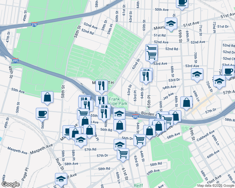 map of restaurants, bars, coffee shops, grocery stores, and more near 60-27 54th Avenue in Queens