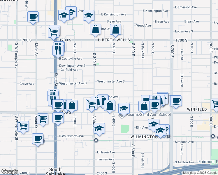map of restaurants, bars, coffee shops, grocery stores, and more near 360 Ramona Avenue in South Salt Lake