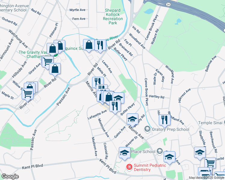 map of restaurants, bars, coffee shops, grocery stores, and more near 24 Aubrey Street in Summit