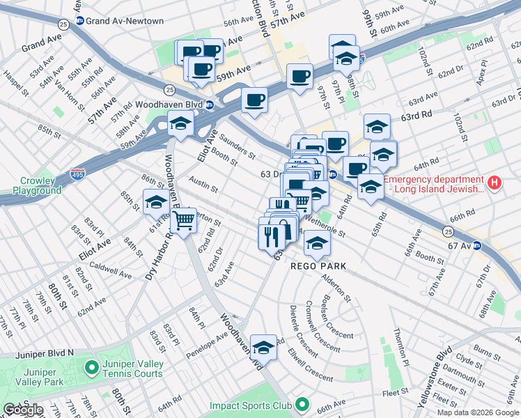 map of restaurants, bars, coffee shops, grocery stores, and more near 63-6 Austin Street in Queens