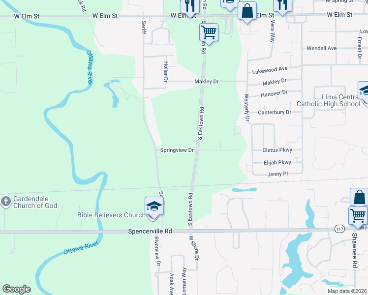 map of restaurants, bars, coffee shops, grocery stores, and more near 3301-3499 Spring View Drive in Lima