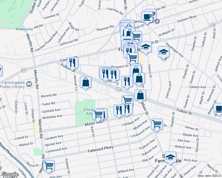 map of restaurants, bars, coffee shops, grocery stores, and more near 16 Gwynne Lane in Farmingdale
