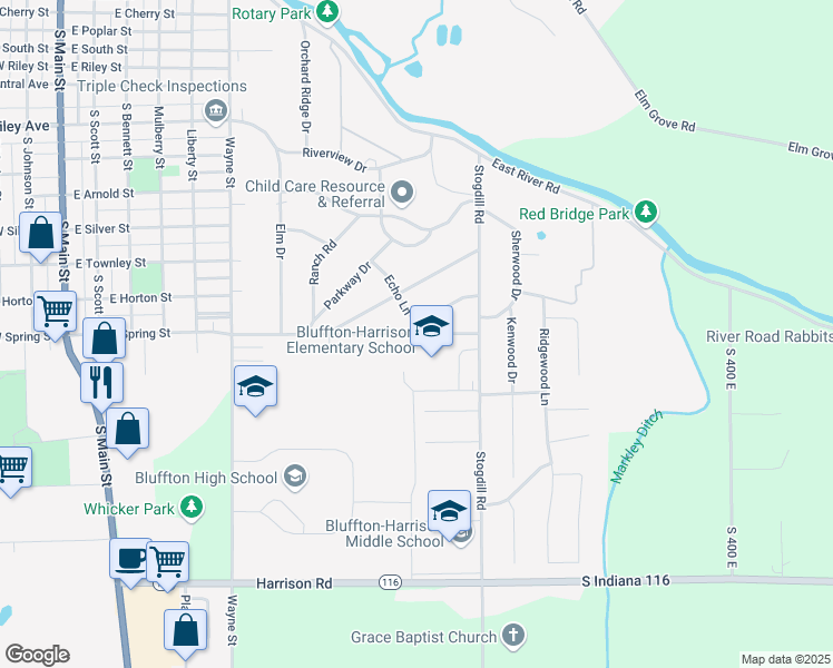map of restaurants, bars, coffee shops, grocery stores, and more near 1100 East Spring Street in Bluffton