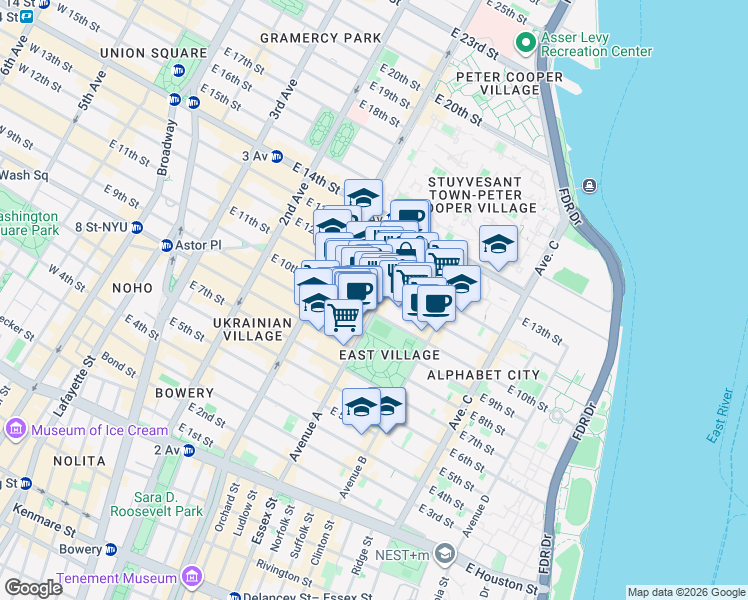 map of restaurants, bars, coffee shops, grocery stores, and more near 167 Avenue A in New York