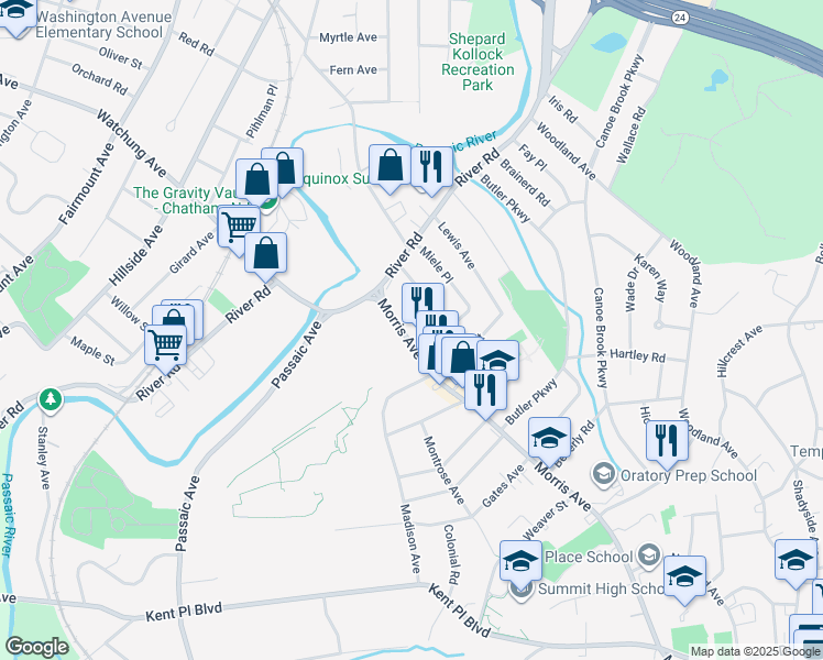 map of restaurants, bars, coffee shops, grocery stores, and more near 545 Morris Avenue in Summit