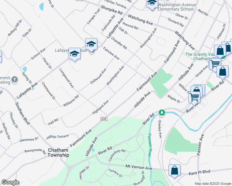 map of restaurants, bars, coffee shops, grocery stores, and more near 45 Highland Avenue in Chatham
