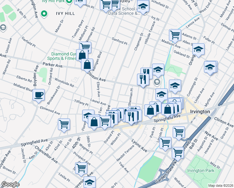 map of restaurants, bars, coffee shops, grocery stores, and more near in Irvington