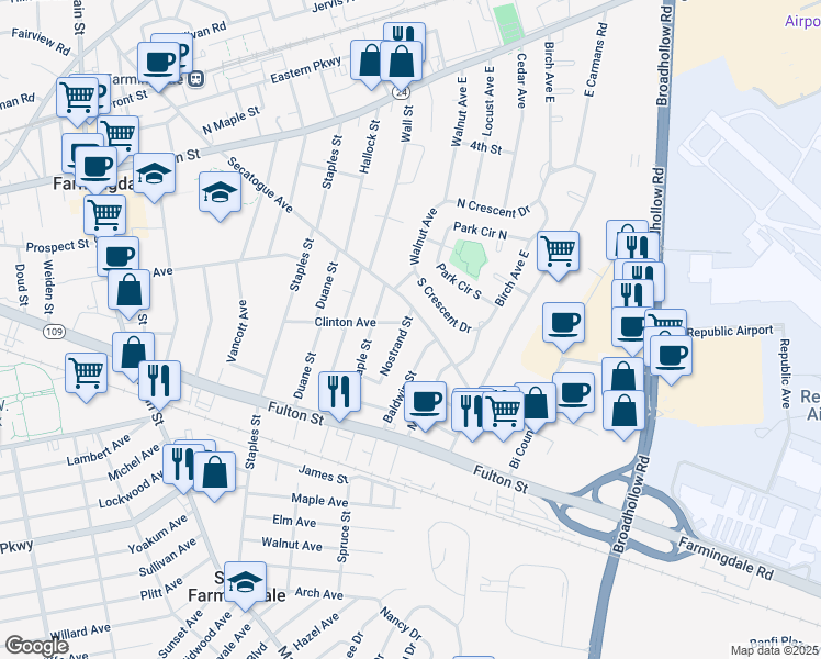map of restaurants, bars, coffee shops, grocery stores, and more near 16 Nostrand Street in Farmingdale