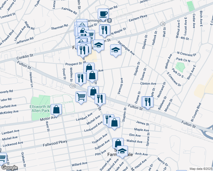 map of restaurants, bars, coffee shops, grocery stores, and more near 108 Williams Street in Farmingdale
