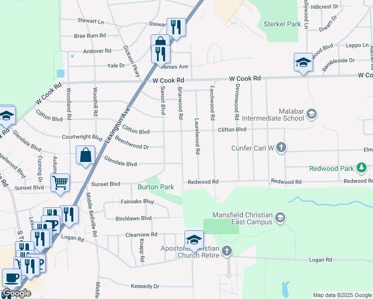 map of restaurants, bars, coffee shops, grocery stores, and more near 1135 Briarwood Road in Mansfield