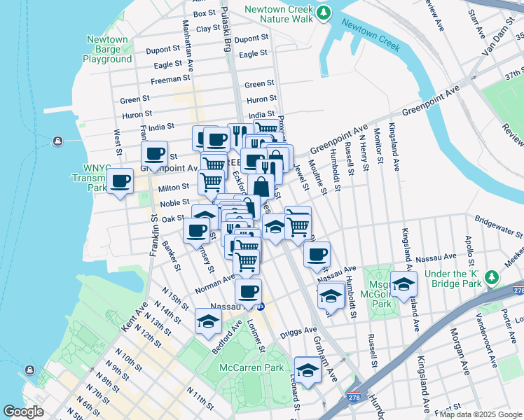 map of restaurants, bars, coffee shops, grocery stores, and more near 165 Erasmus Street in Brooklyn