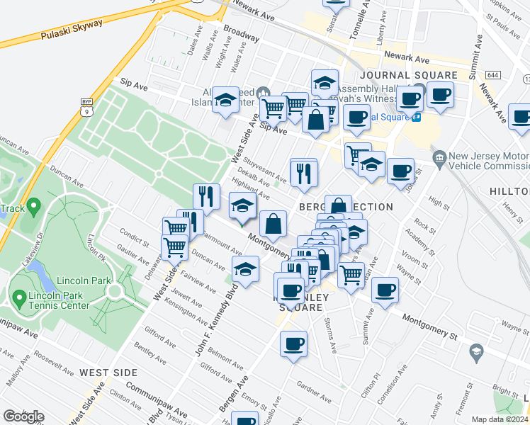 map of restaurants, bars, coffee shops, grocery stores, and more near 106 Glenwood Avenue in Jersey City