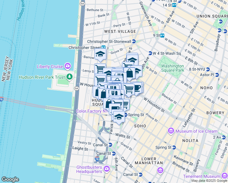 map of restaurants, bars, coffee shops, grocery stores, and more near 201 Varick Street in New York