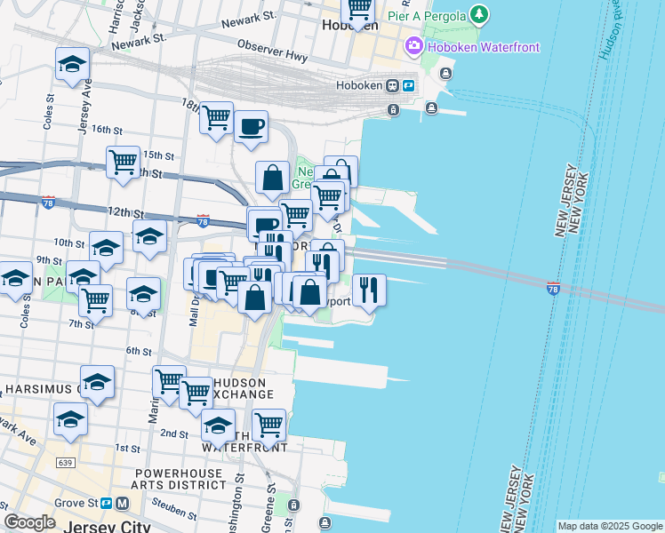 map of restaurants, bars, coffee shops, grocery stores, and more near 55 River Drive South in Jersey City