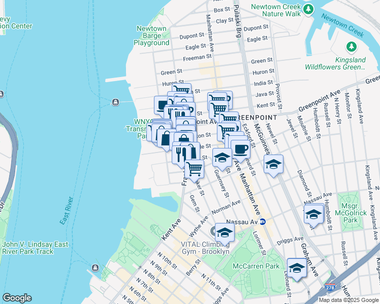 map of restaurants, bars, coffee shops, grocery stores, and more near 96 Noble Street in Brooklyn