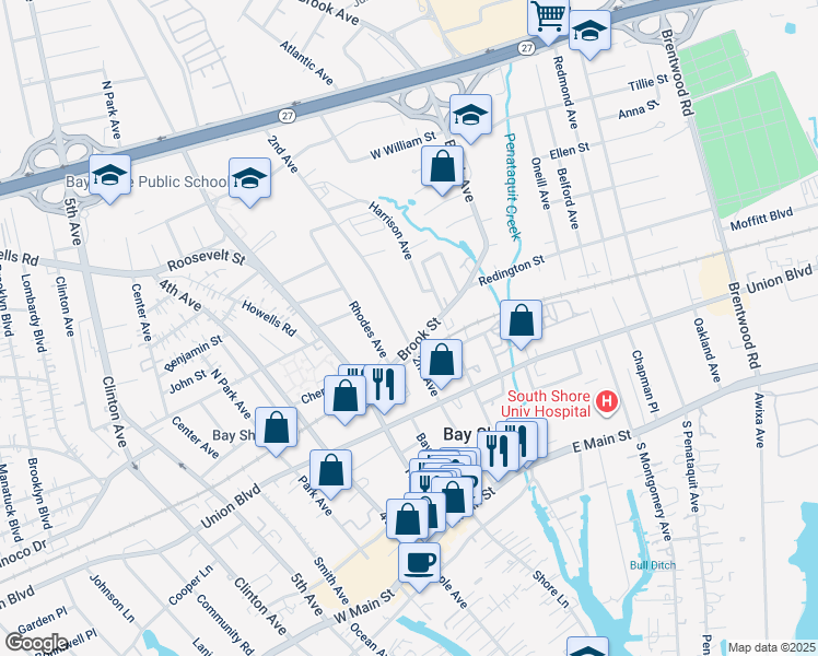 map of restaurants, bars, coffee shops, grocery stores, and more near 51 Brook Street in Bay Shore