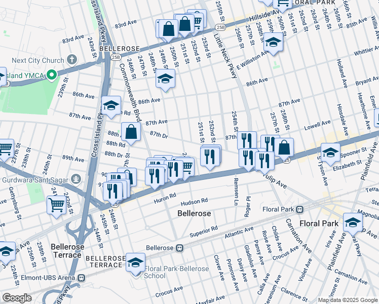 map of restaurants, bars, coffee shops, grocery stores, and more near 88-29 249th Street in Queens
