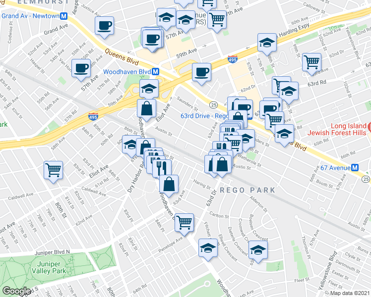 map of restaurants, bars, coffee shops, grocery stores, and more near 62-80 Austin Street in Queens