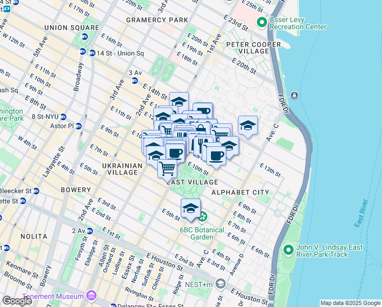 map of restaurants, bars, coffee shops, grocery stores, and more near 500 East 11th Street in New York