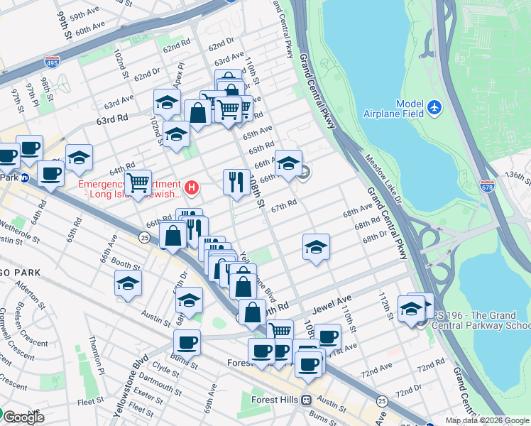 map of restaurants, bars, coffee shops, grocery stores, and more near 105-25 67th Road in Queens