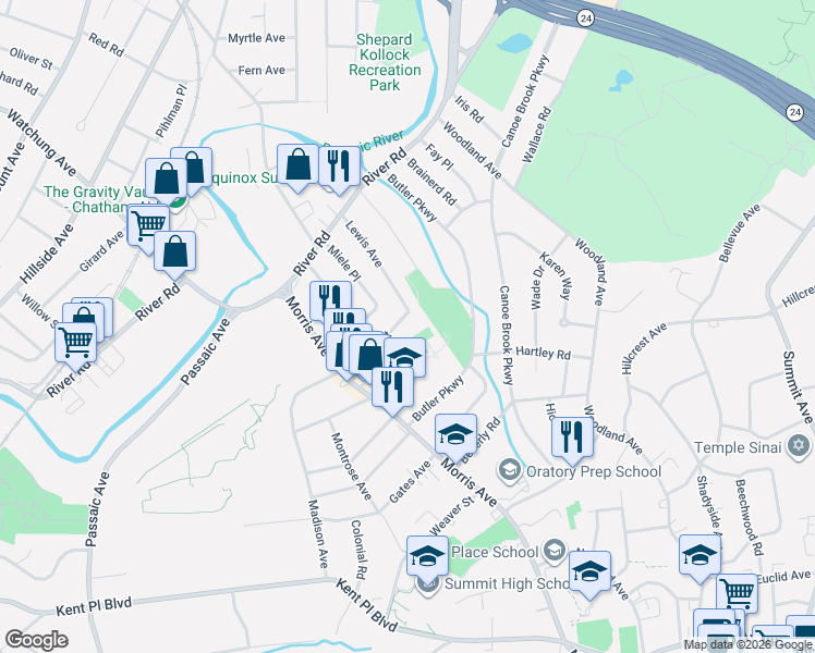 map of restaurants, bars, coffee shops, grocery stores, and more near 43 Aubrey Street in Summit