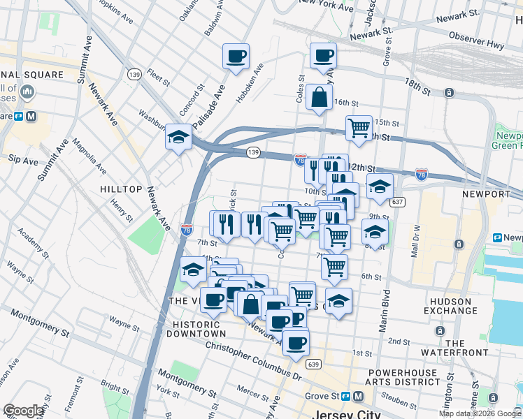 map of restaurants, bars, coffee shops, grocery stores, and more near 510 Monmouth Street in Jersey City