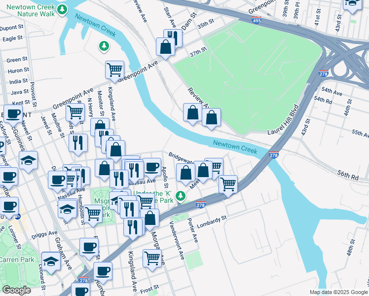 map of restaurants, bars, coffee shops, grocery stores, and more near 44 Bridgewater Street in Brooklyn