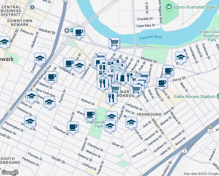 map of restaurants, bars, coffee shops, grocery stores, and more near in Newark