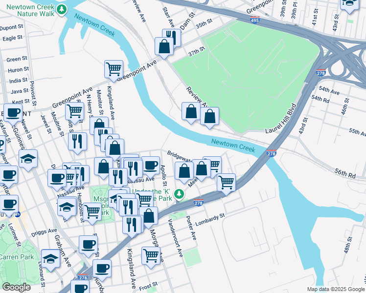 map of restaurants, bars, coffee shops, grocery stores, and more near 44 Bridgewater Street in Brooklyn