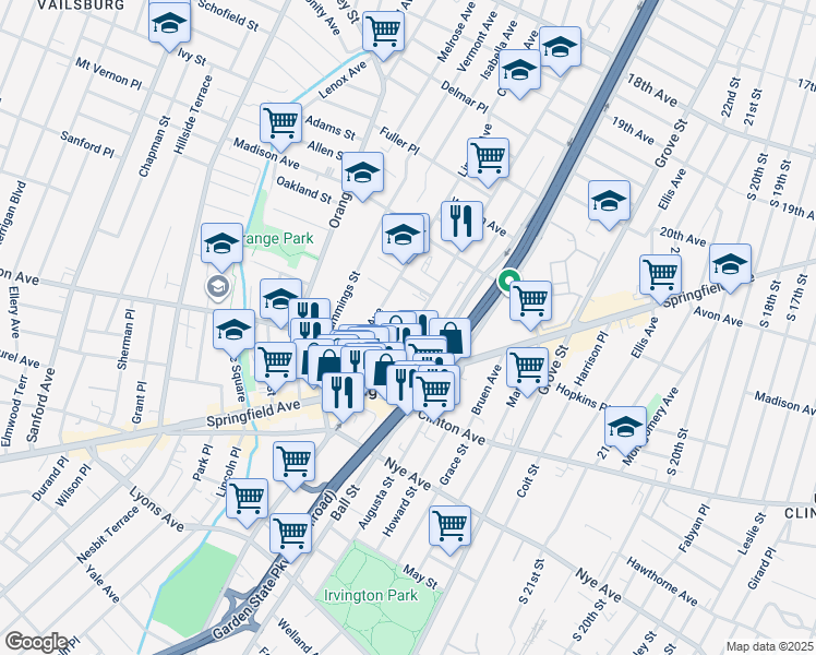 map of restaurants, bars, coffee shops, grocery stores, and more near 57 Myrtle Avenue in Irvington