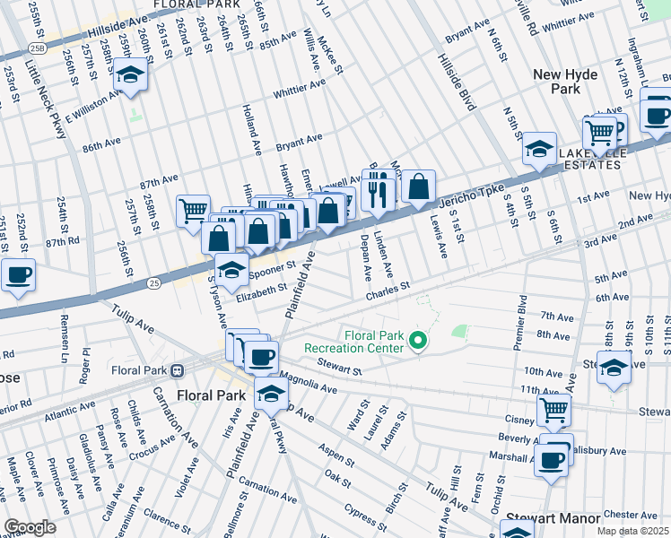map of restaurants, bars, coffee shops, grocery stores, and more near 14 Martha Terrace in Floral Park