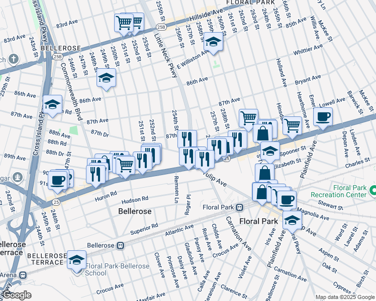 map of restaurants, bars, coffee shops, grocery stores, and more near 253-48 87th Drive in Queens