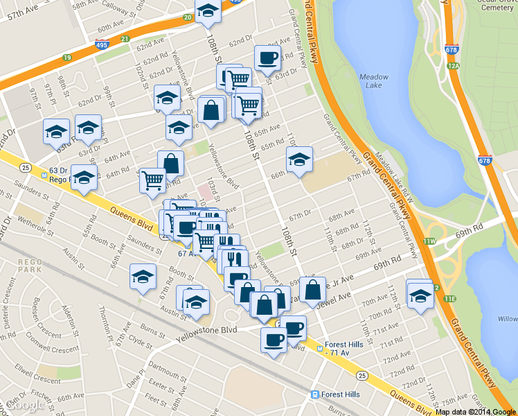 map of restaurants, bars, coffee shops, grocery stores, and more near 105-34 67th Avenue in Queens