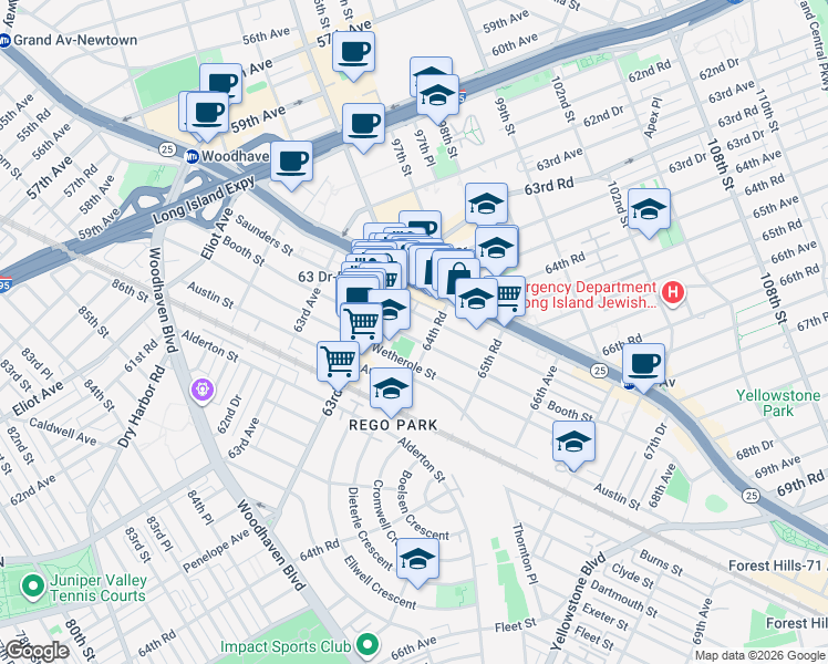 map of restaurants, bars, coffee shops, grocery stores, and more near 94-19 64th Road in Queens