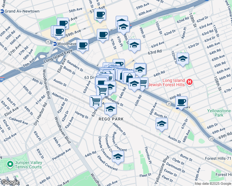 map of restaurants, bars, coffee shops, grocery stores, and more near 94-19 64th Road in Queens