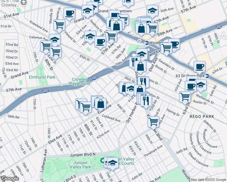 map of restaurants, bars, coffee shops, grocery stores, and more near 84-13 60th Drive in Queens