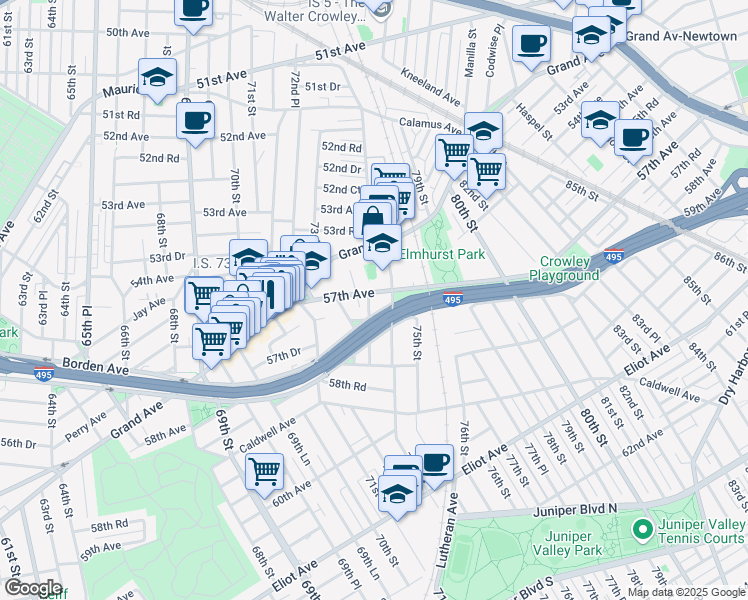 map of restaurants, bars, coffee shops, grocery stores, and more near 57-18 73rd Place in Queens