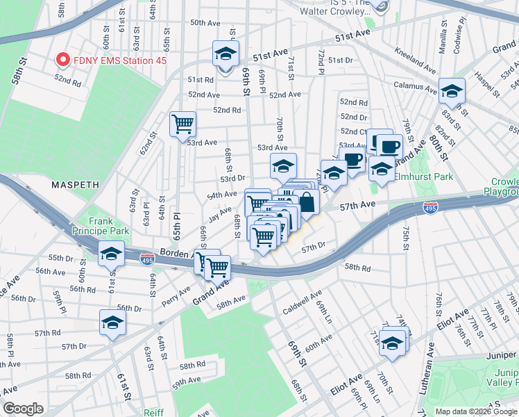 map of restaurants, bars, coffee shops, grocery stores, and more near 54-35 69th Place in Queens