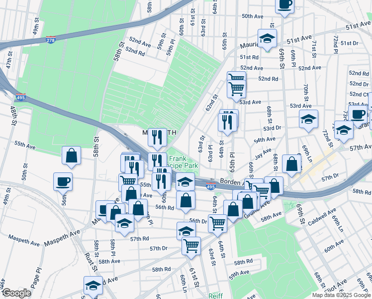 map of restaurants, bars, coffee shops, grocery stores, and more near 60-27 54th Avenue in Queens