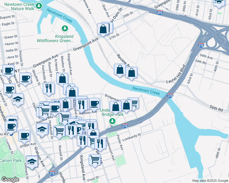 map of restaurants, bars, coffee shops, grocery stores, and more near 6 Bridgewater Street in Brooklyn