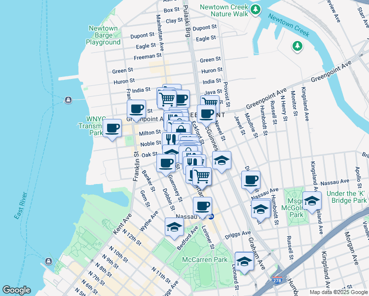 map of restaurants, bars, coffee shops, grocery stores, and more near 802 Manhattan Avenue in Brooklyn