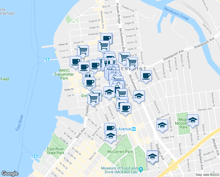 map of restaurants, bars, coffee shops, grocery stores, and more near 1097 Lorimer Street in Brooklyn