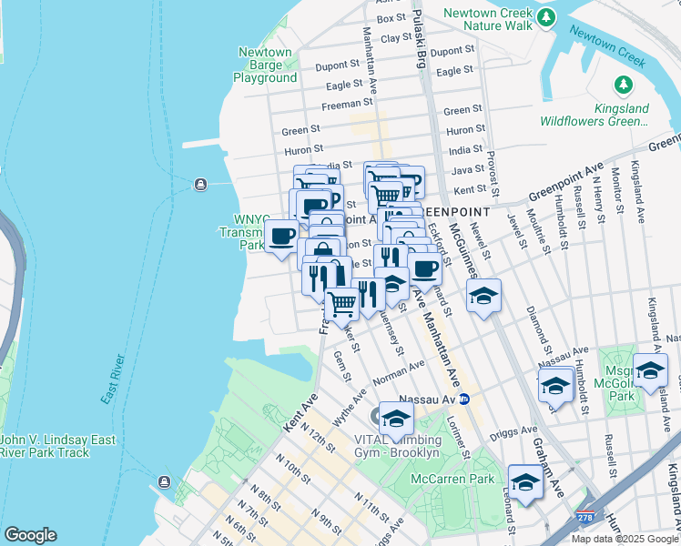map of restaurants, bars, coffee shops, grocery stores, and more near 121 Oak Street in Brooklyn