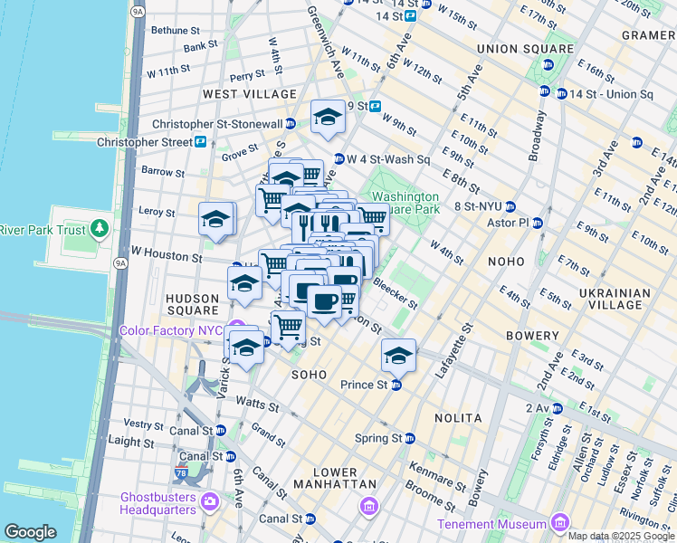map of restaurants, bars, coffee shops, grocery stores, and more near 171 Sullivan Street in New York