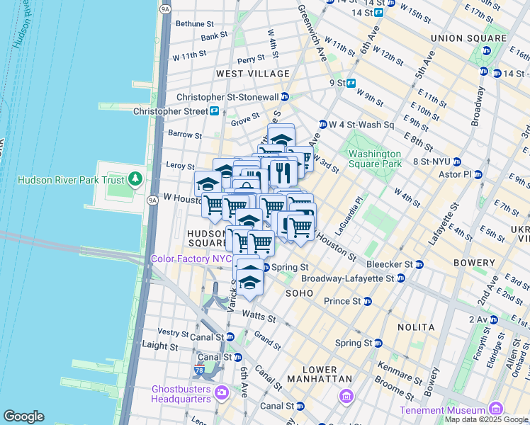 map of restaurants, bars, coffee shops, grocery stores, and more near 29 King Street in New York